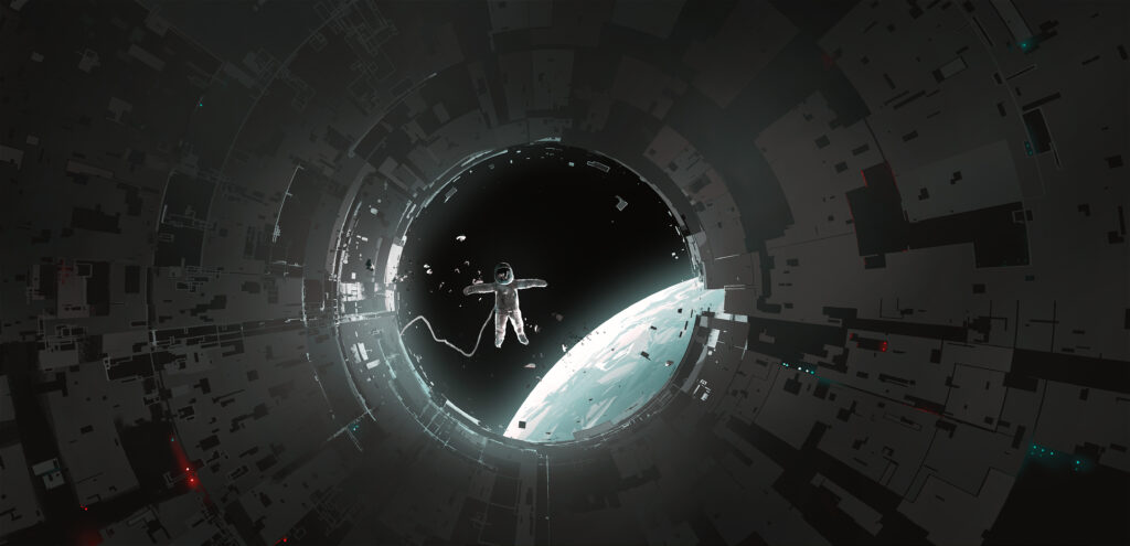 De afbeelding toont een astronaut in zwevend in de ruimte. Het is een foto die geînspireerd is door de film Interstellar.