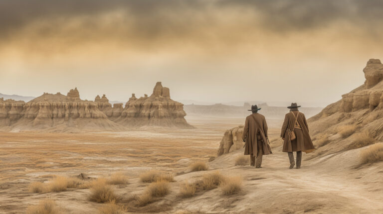 Twee cowboys die door de woestijn lopen, geïnspireerd door het videospel Red Dead Redemption 2